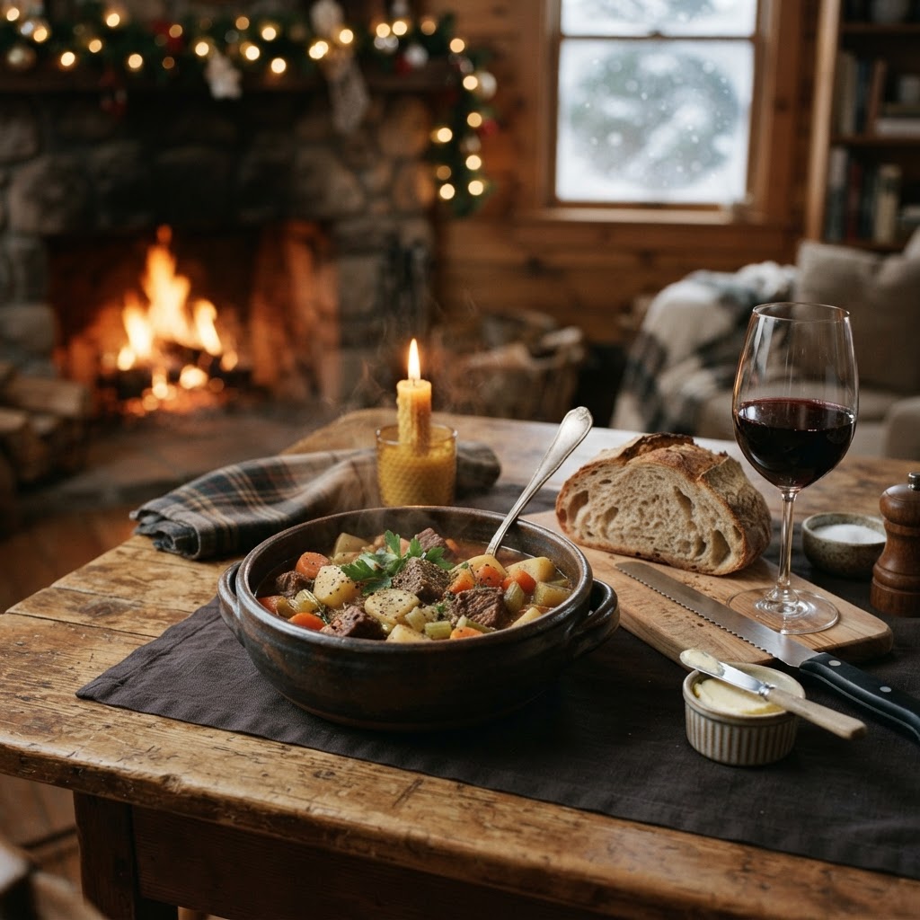Pair your beef stew with crusty bread to soak up the savory red wine reduction.