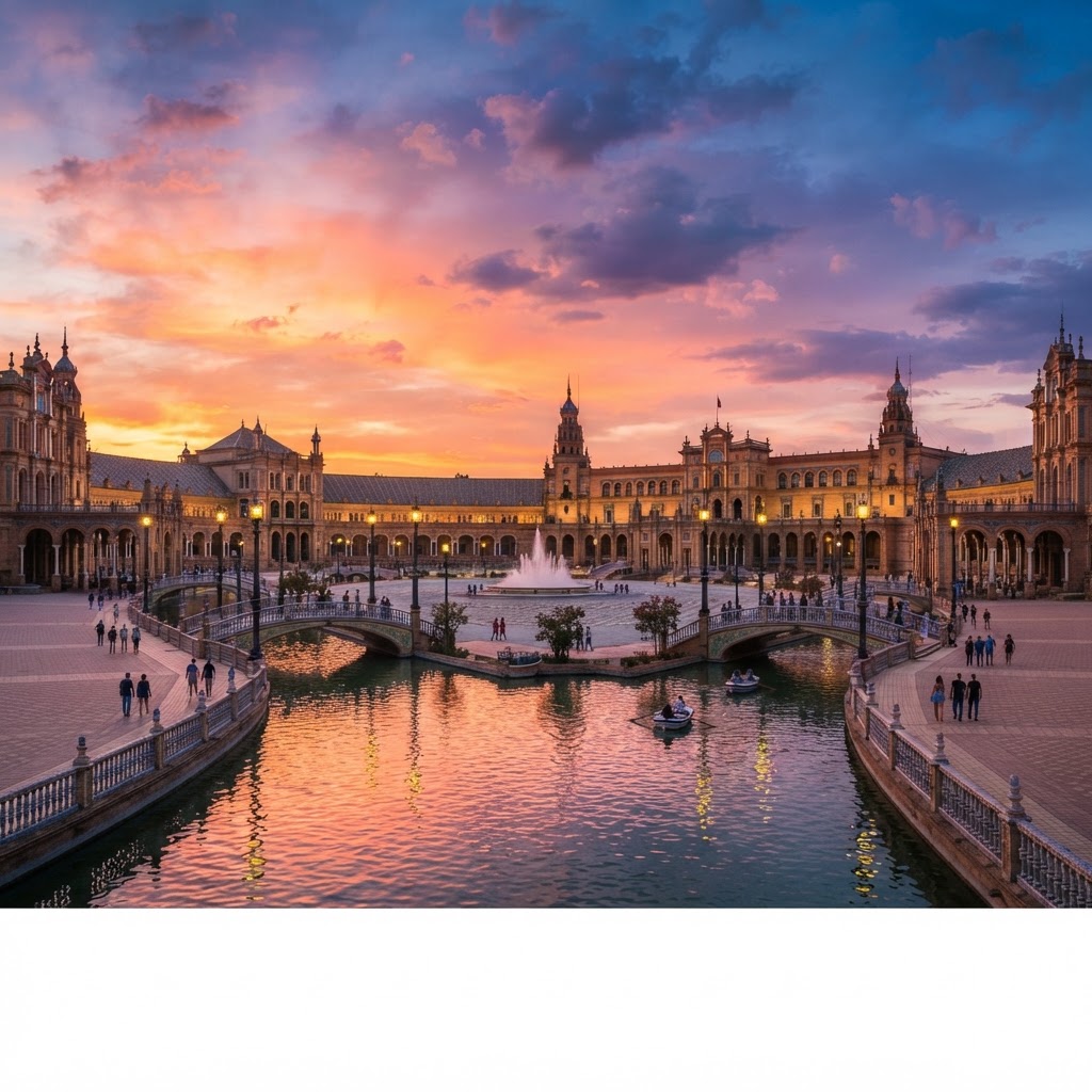Reflections in the Plaza de España during a perfect Andalusian sunset.