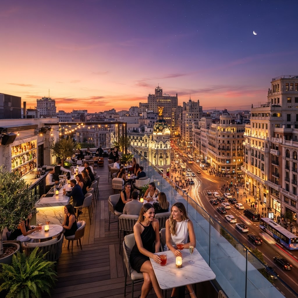 Enjoying a breathtaking sunset view from one of Madrid's premier rooftop bars.