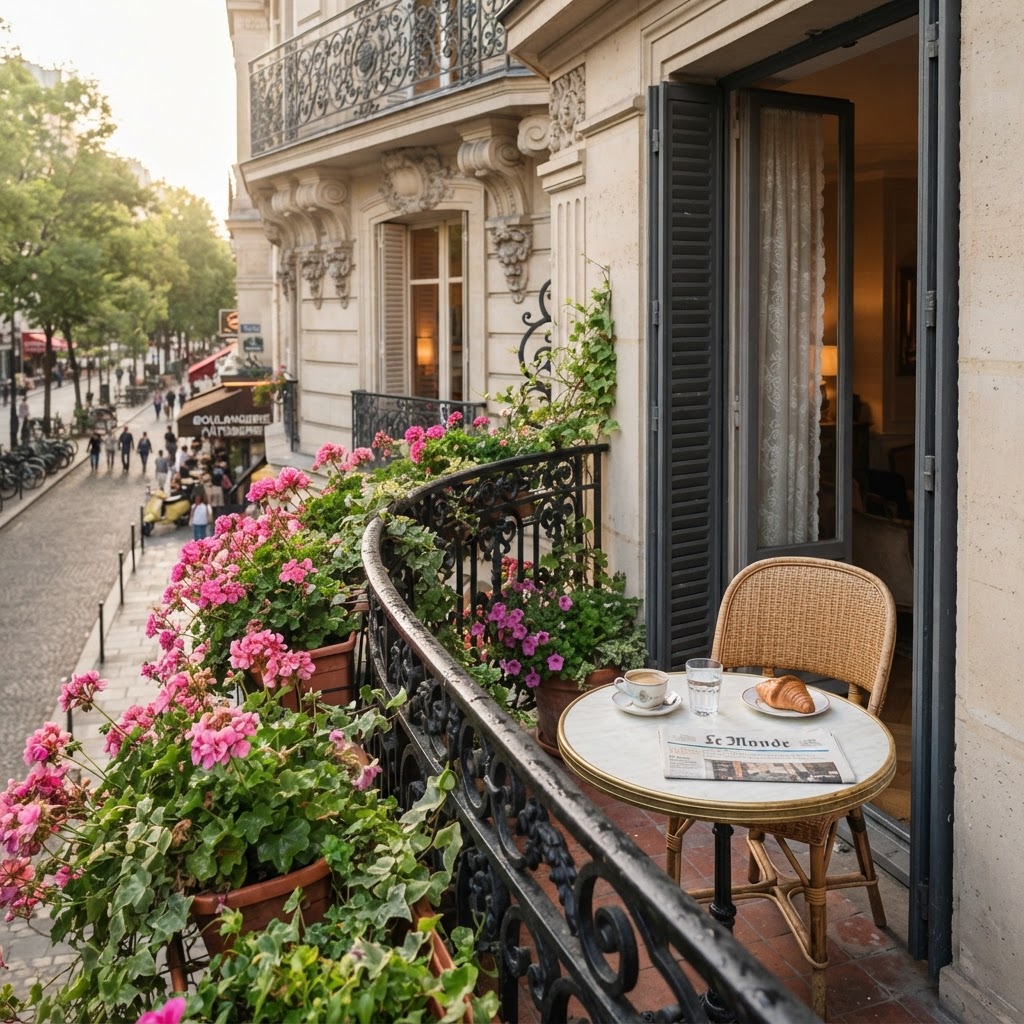 Classic wrought iron details and lush flowers capture the essence of a Parisian morning.