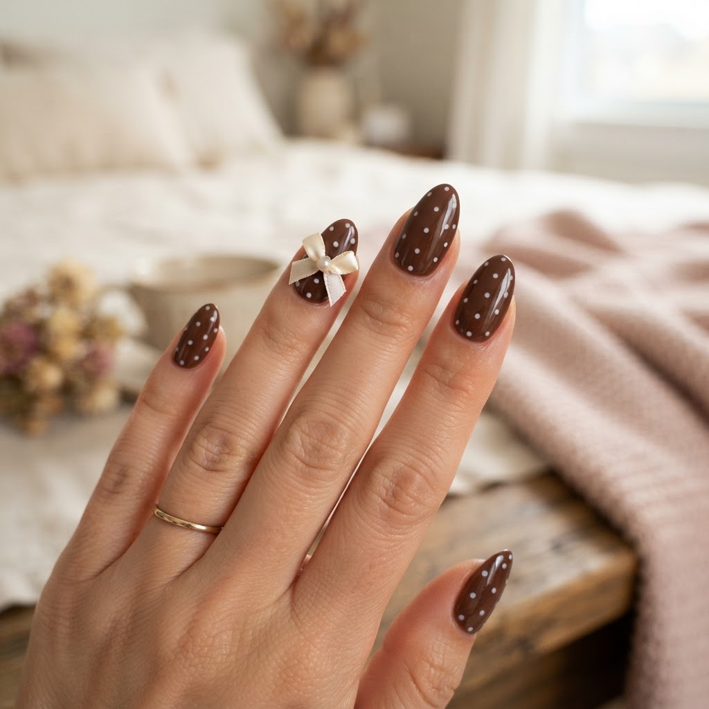 Close-up detail of chocolate brown press-on nails with white polka dot accents.