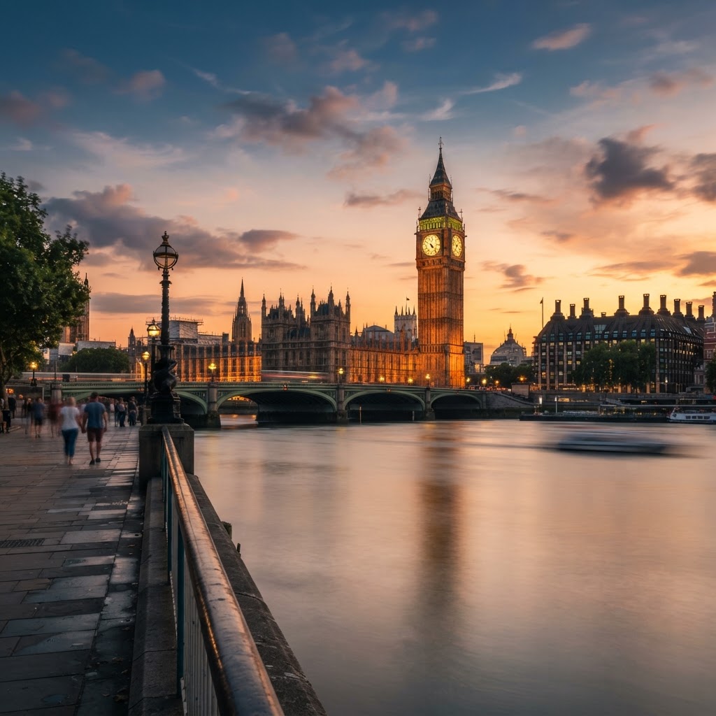 The Elizabeth Tower reflected in the calm waters of the Thames.