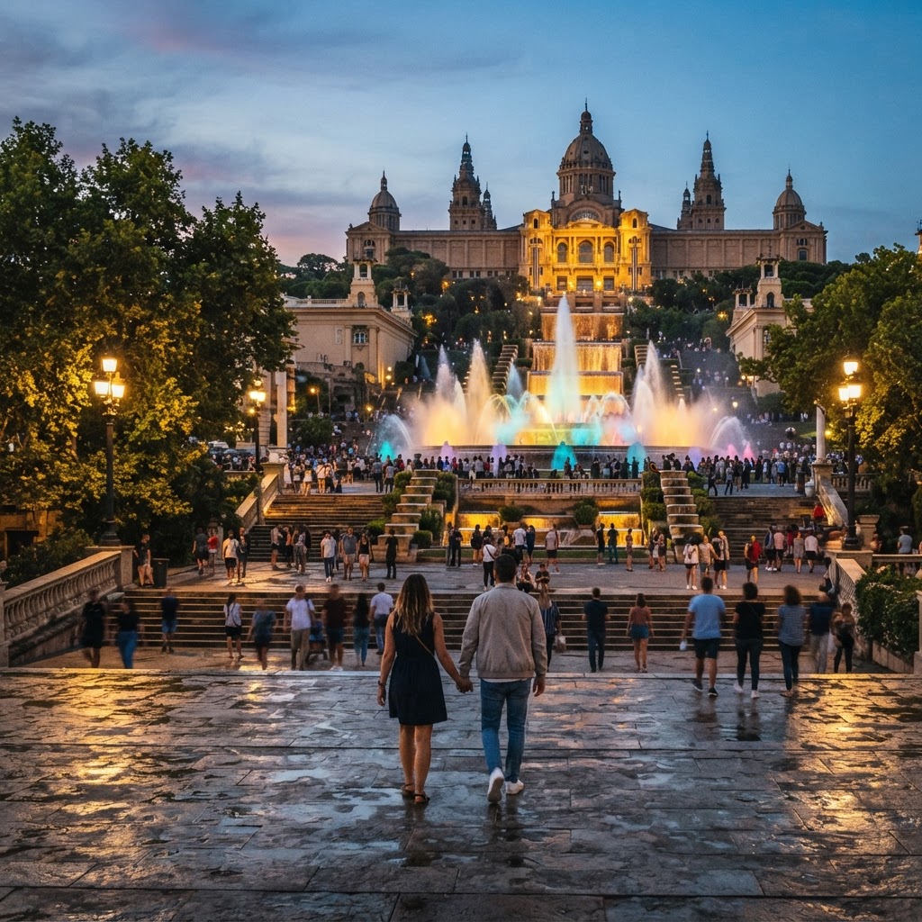 The magical ambiance of the Magic Fountain of Montjuïc at twilight.