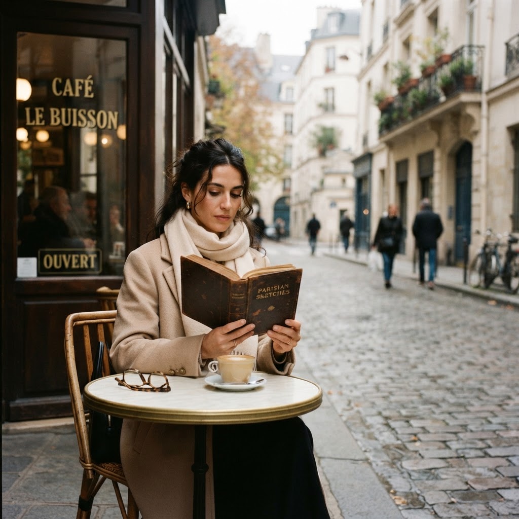 Embracing the slow pace of Parisian life with quiet moments and timeless fashion.