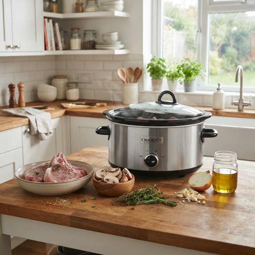 Organizing ingredients for an easy slow cooker pork chop dinner.