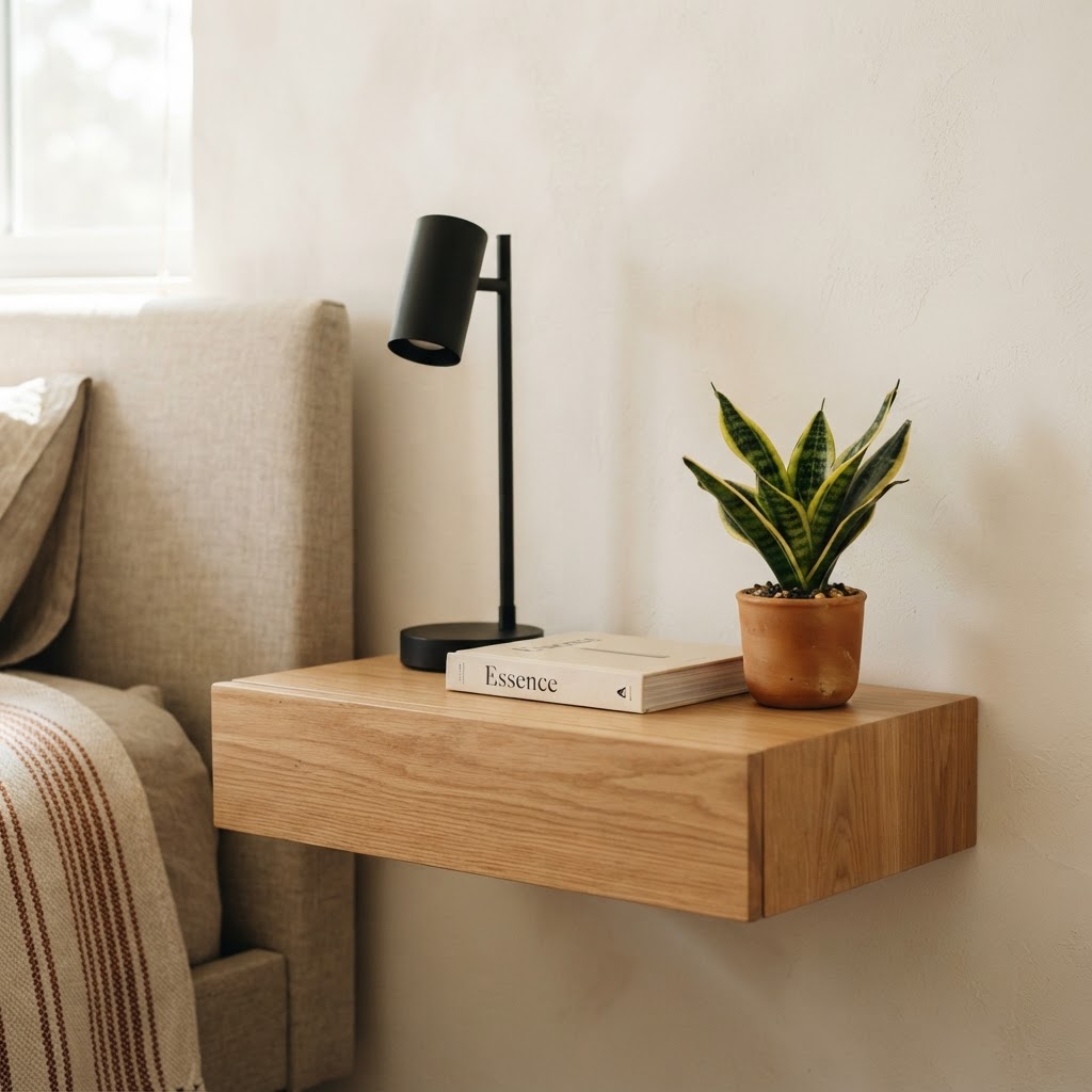 Wall-mounted furniture keeps the floor clear, making small spaces feel larger.