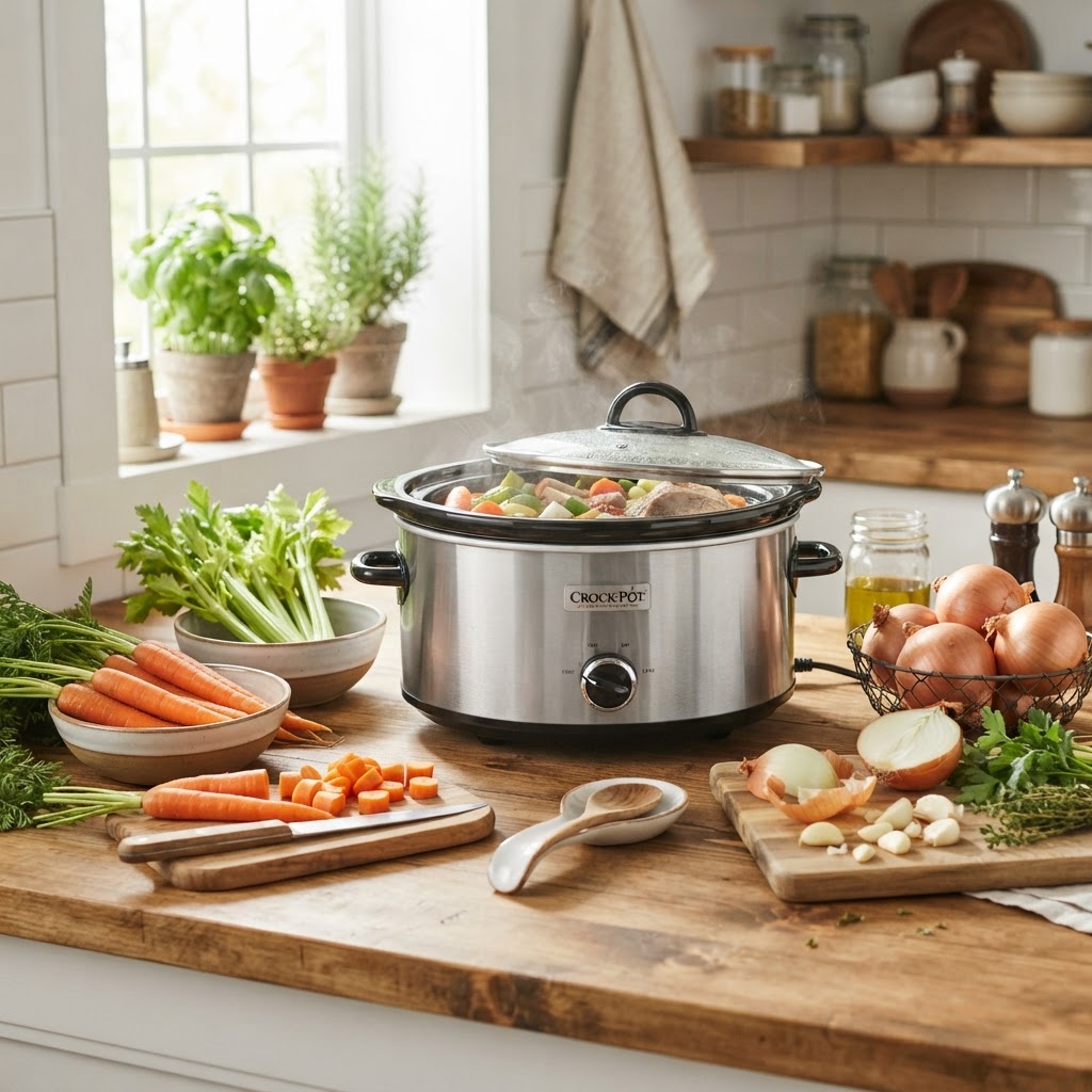 Fresh ingredients prepared for an easy slow cooker meal.