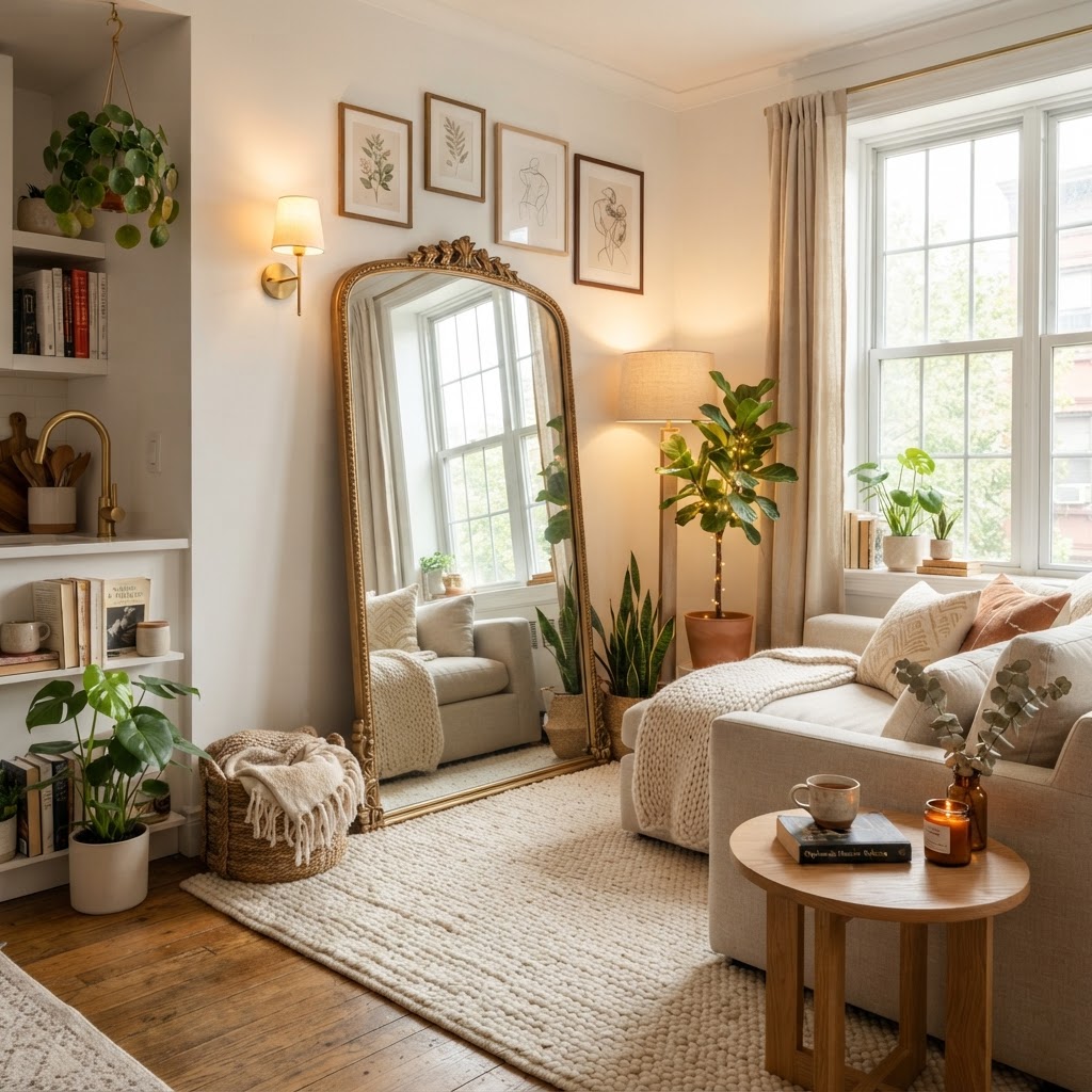 A large leaning mirror instantly makes small rooms feel more spacious.