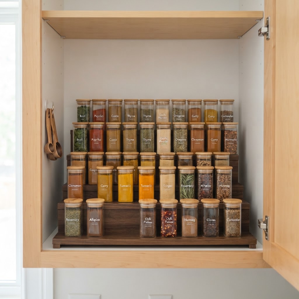 Tiered risers maximize vertical cabinet capacity.