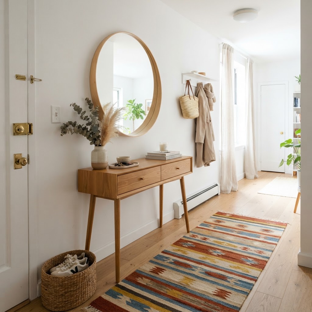 A modern entryway setup maximizes style in a small space.