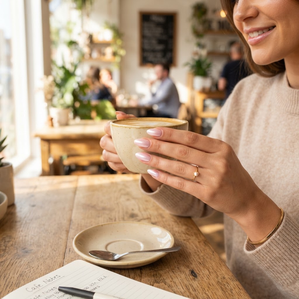 Elegant almond-shaped nails perfectly suited for any coffee date.