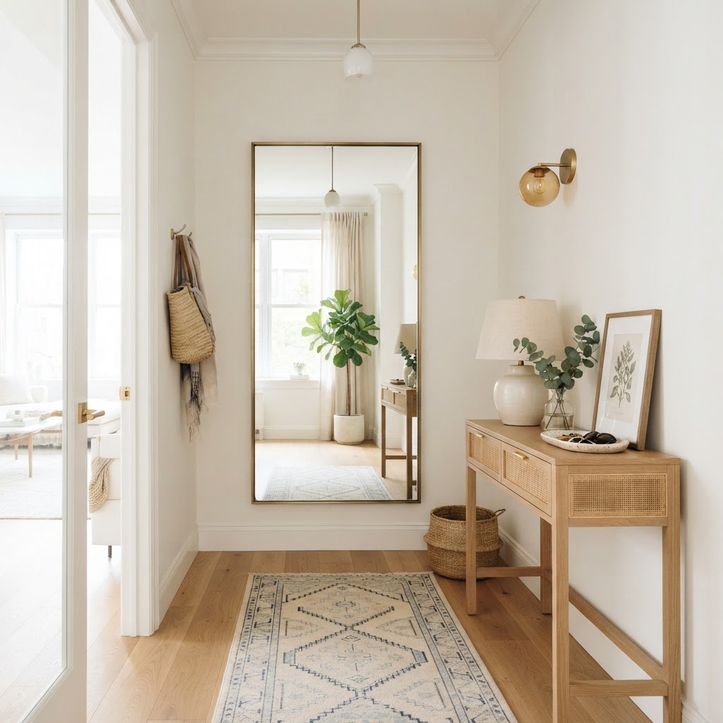 Strategic use of mirrors creates the illusion of a larger, more balanced foyer.