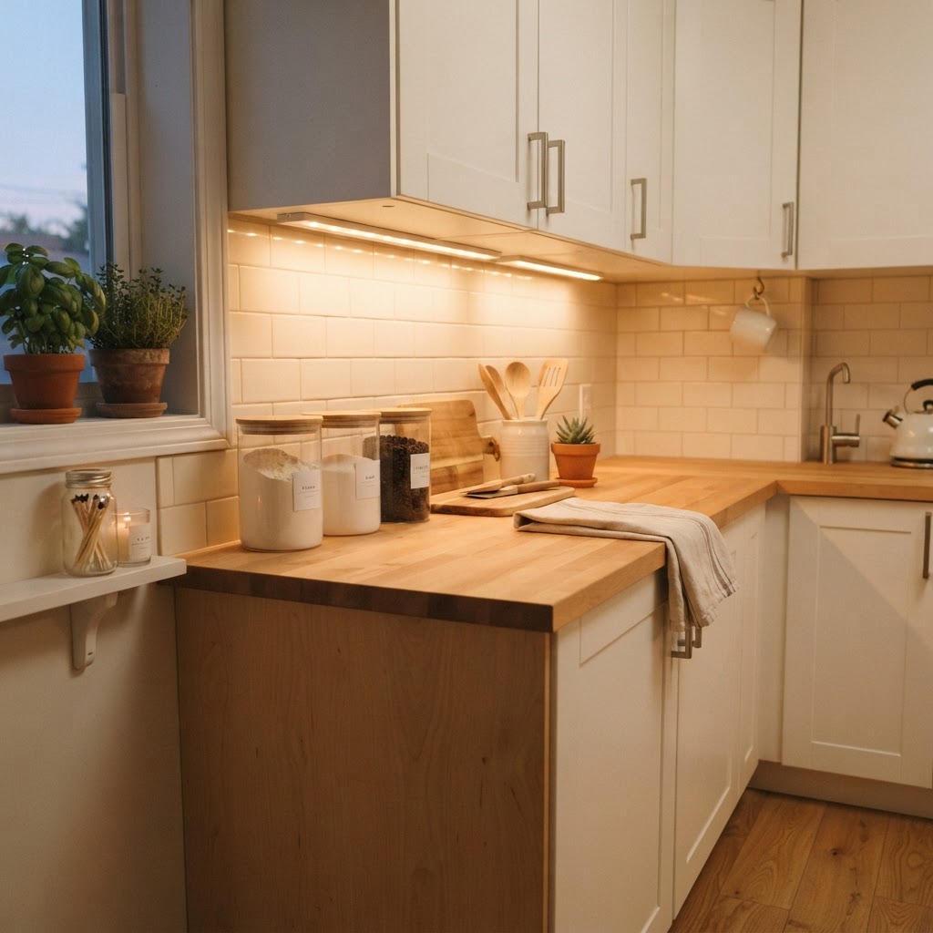 Under-cabinet LED lighting creates a warm and functional workspace.