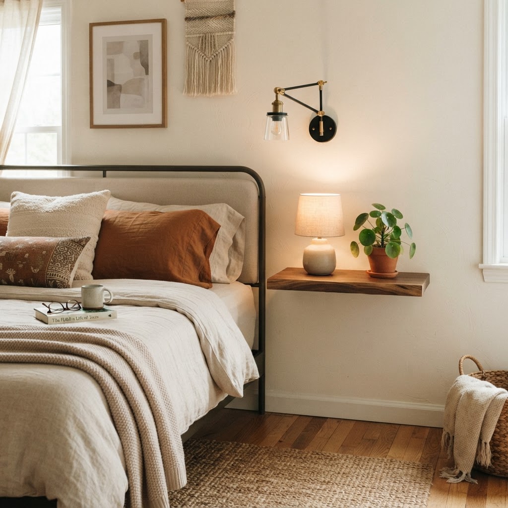 Wall-mounted lighting keeps surfaces clear and makes small rooms feel open.