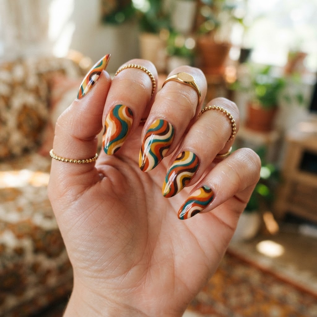 Retro-inspired press-on nails featuring artistic swirling patterns.