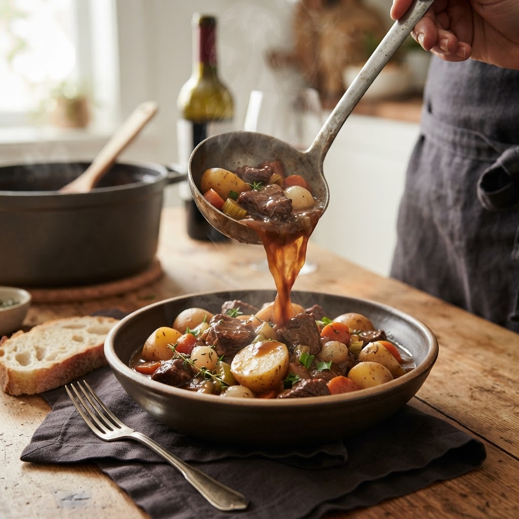 Ladling the perfect hearty stew for a family dinner.