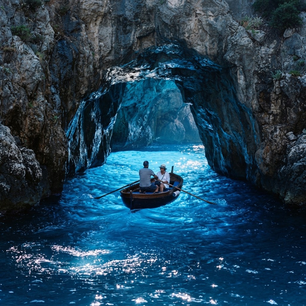 The mesmerizing blue light inside the famous Blue Grotto.