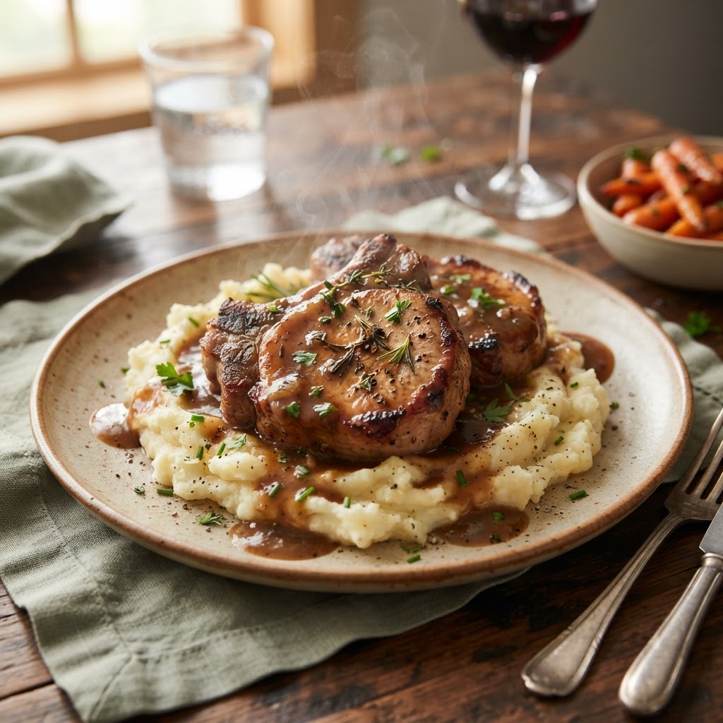 Serving suggestion for tender crockpot pork chops with gravy on a bed of mashed potatoes.