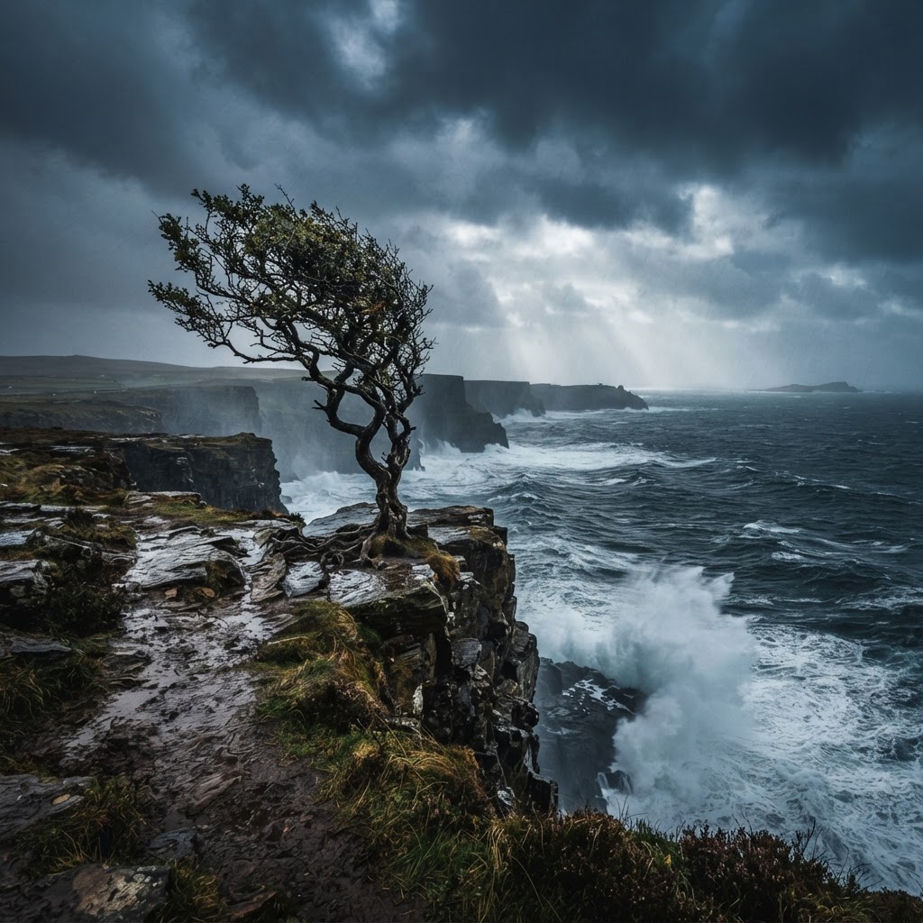 An iconic lone tree captures the feeling of solitude and resilience common in the dramatic Irish landscape.
