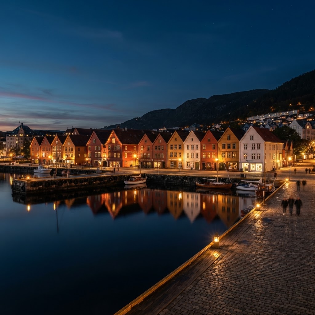 The iconic, historic Bryggen harbor reflecting the soft lights of a quiet Bergen evening.