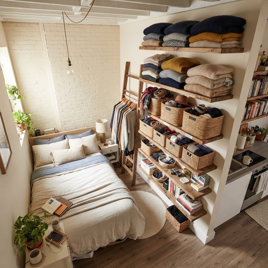 Vertical shelving maximizes storage in tight bedrooms.