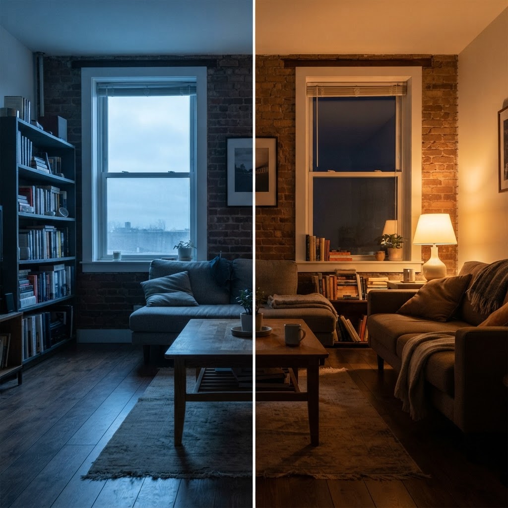 The visible difference between cool, harsh light and warm, comforting light.