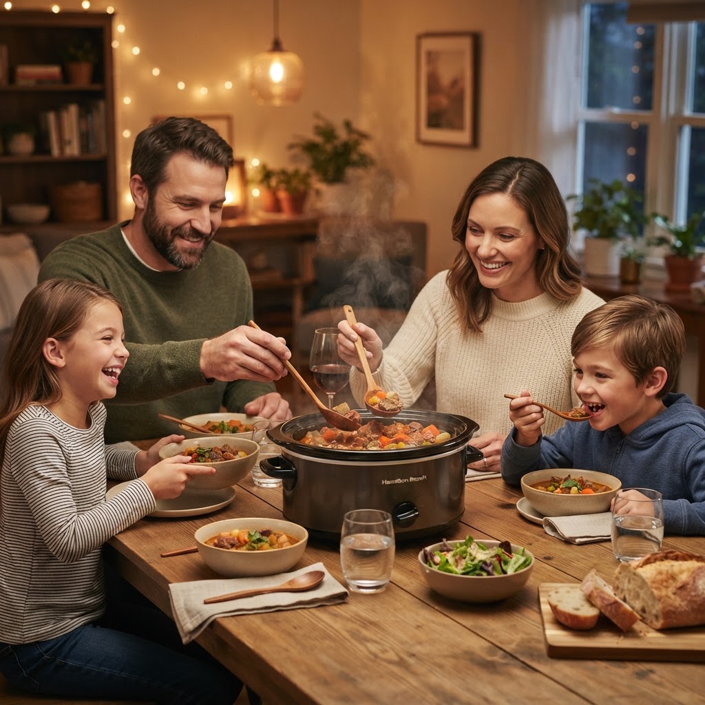 Enjoying a hearty, homemade crockpot dinner.