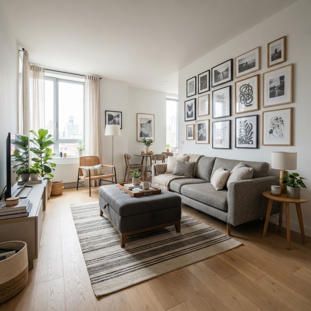 Curated art and multi-functional furniture keep small rooms feeling open.