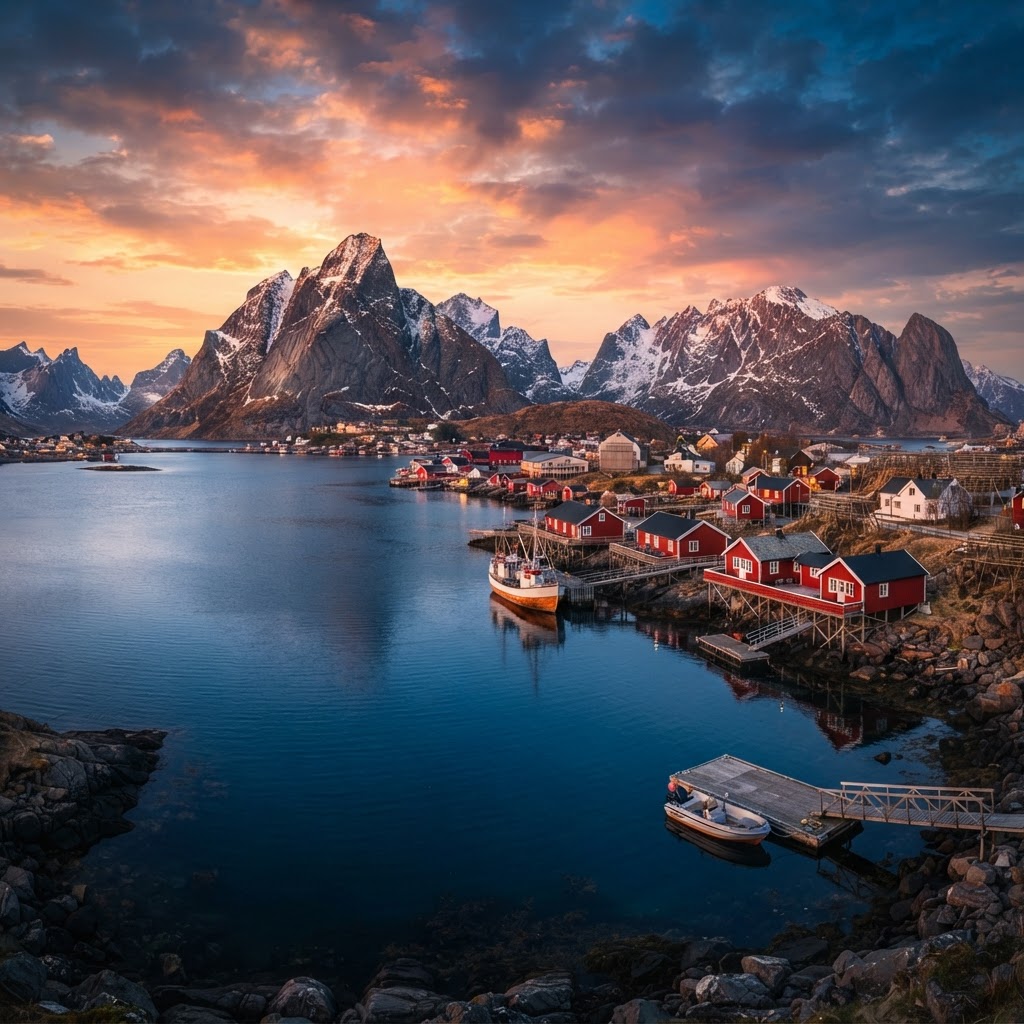 The iconic red cabins of Reine under a dramatic Arctic sky.