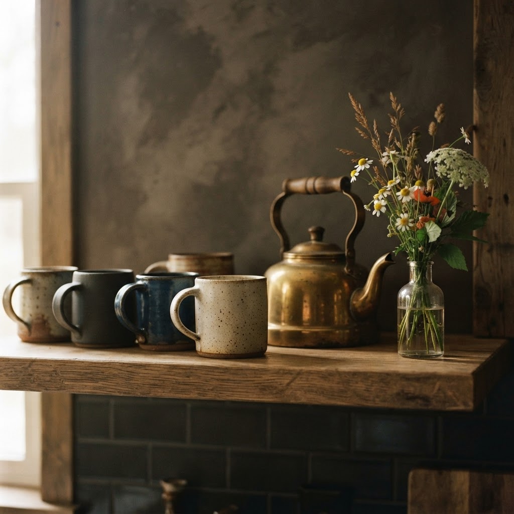 Details of a curated, timeless European kitchen shelf.