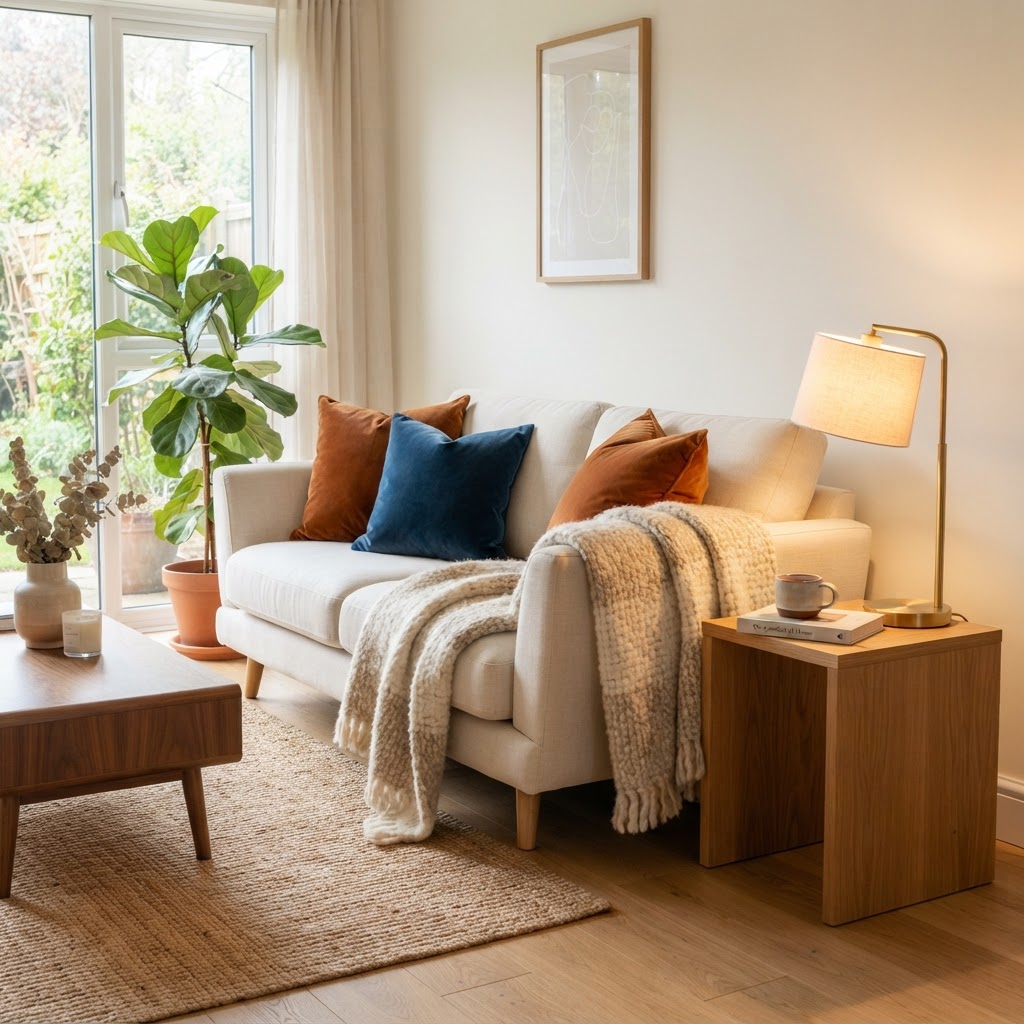 Warm, layered textures create a cozy and inviting living space.