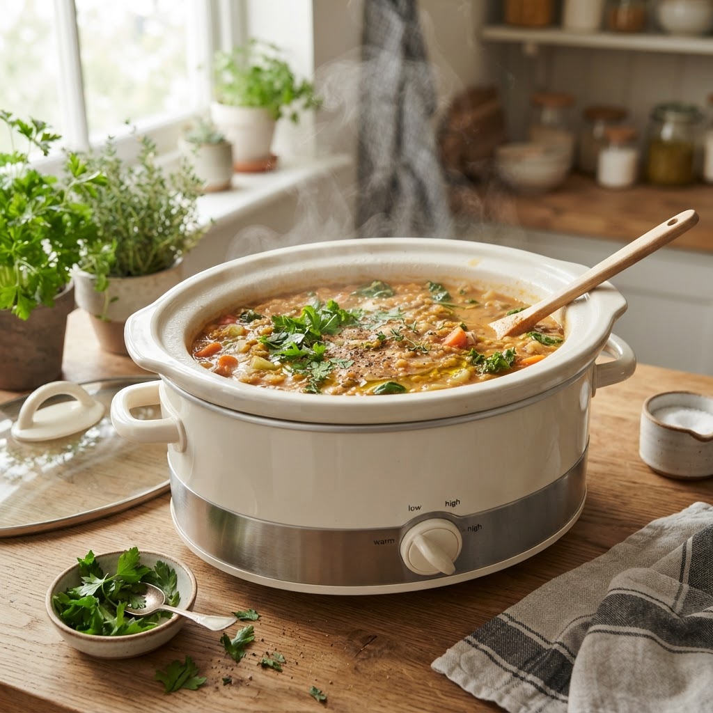 Healthy and warm lentil soup prepared for a perfect weeknight.