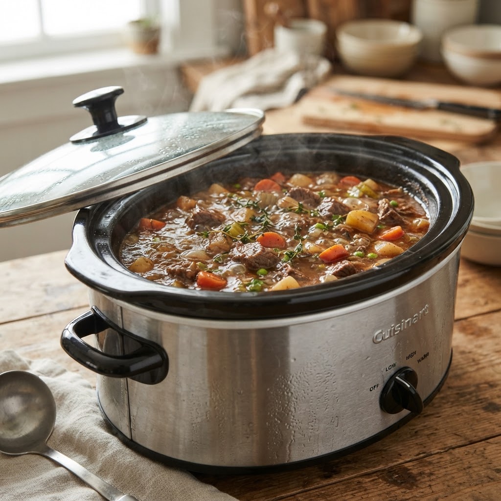 A classic beef stew in a slow cooker with rich, thick gravy.
