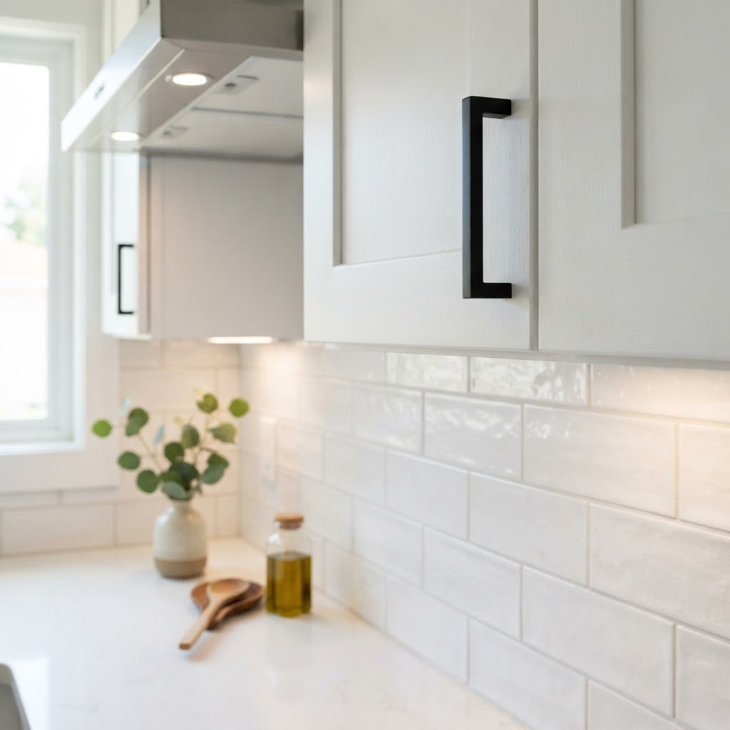 Peel-and-stick tiles and hardware updates transform a kitchen.