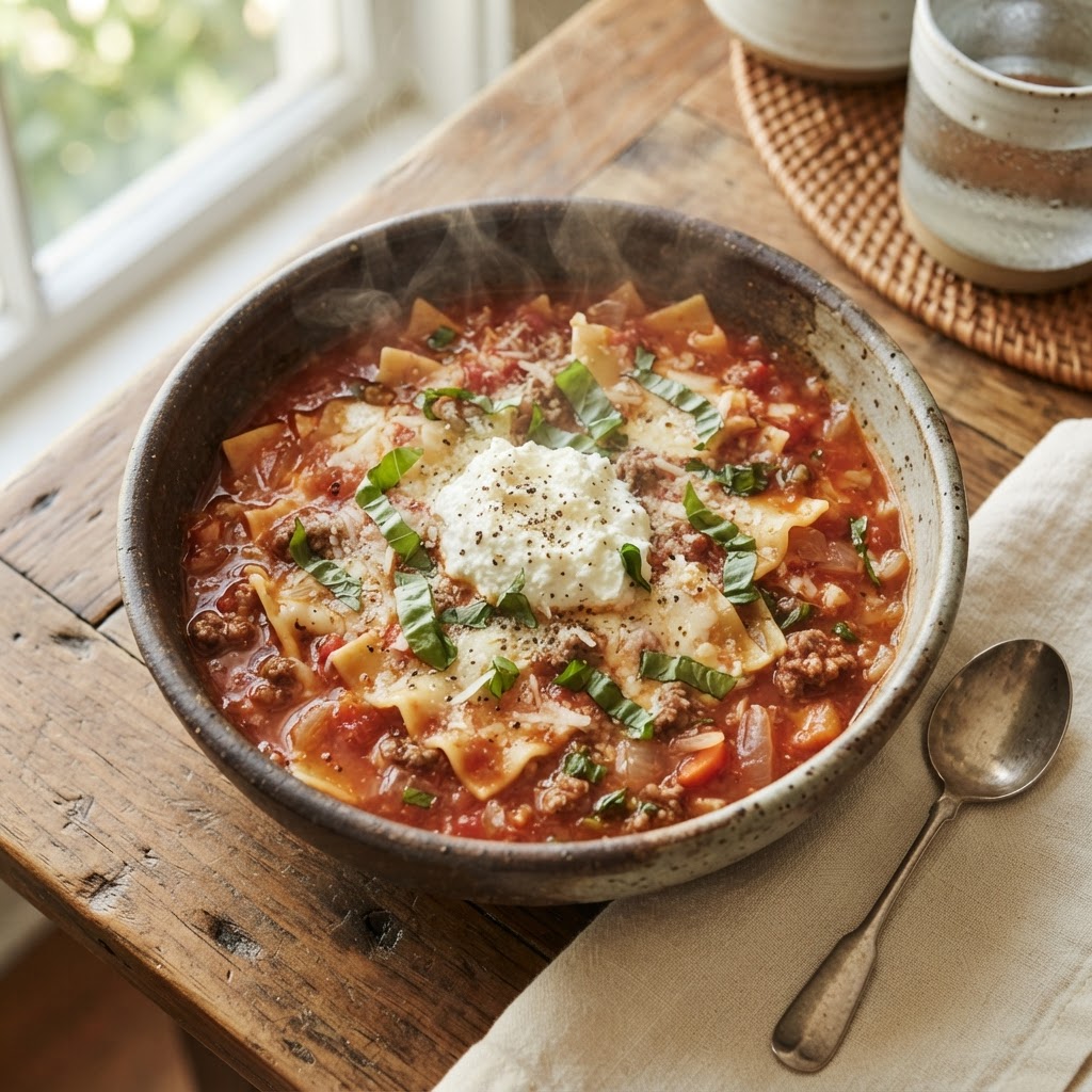 A warm, inviting bowl of slow cooker lasagna soup.