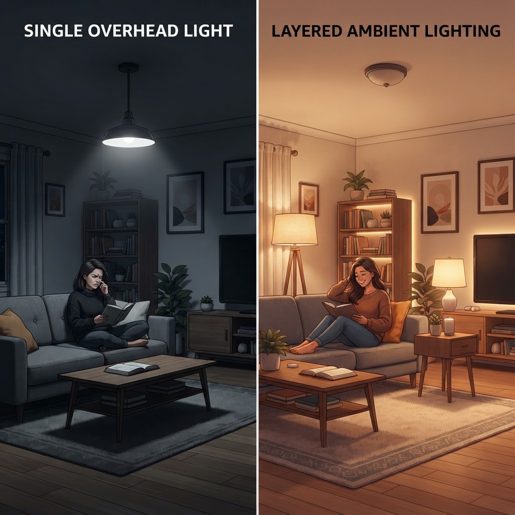 Layered lighting completely changes the mood and depth of a room.