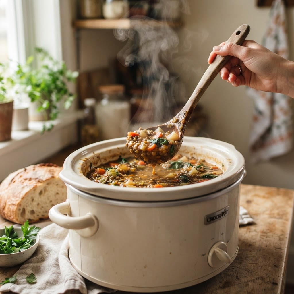 Ladle serving fresh hot soup directly from the slow cooker.