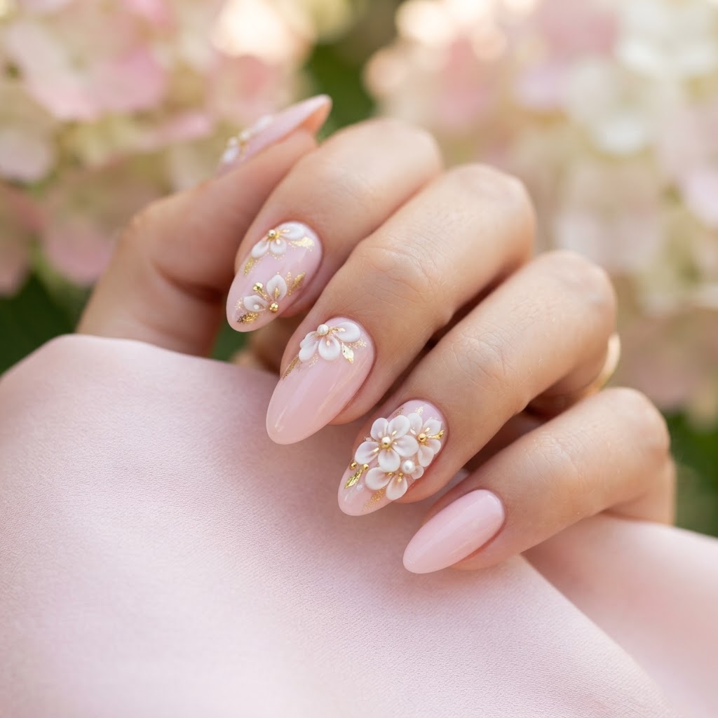 Stunning 3D floral details on elegant almond-shaped nails.