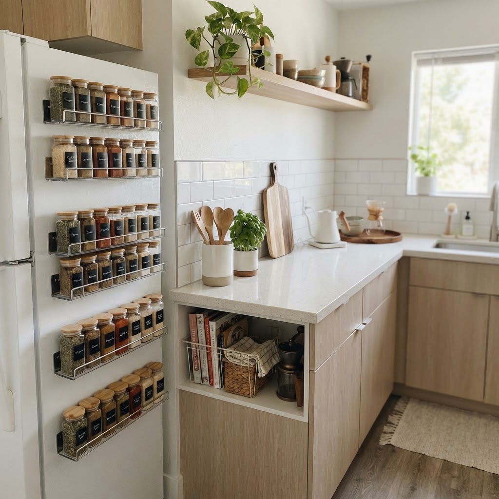 Utilizing the sides of your fridge for spice storage saves valuable counter space.