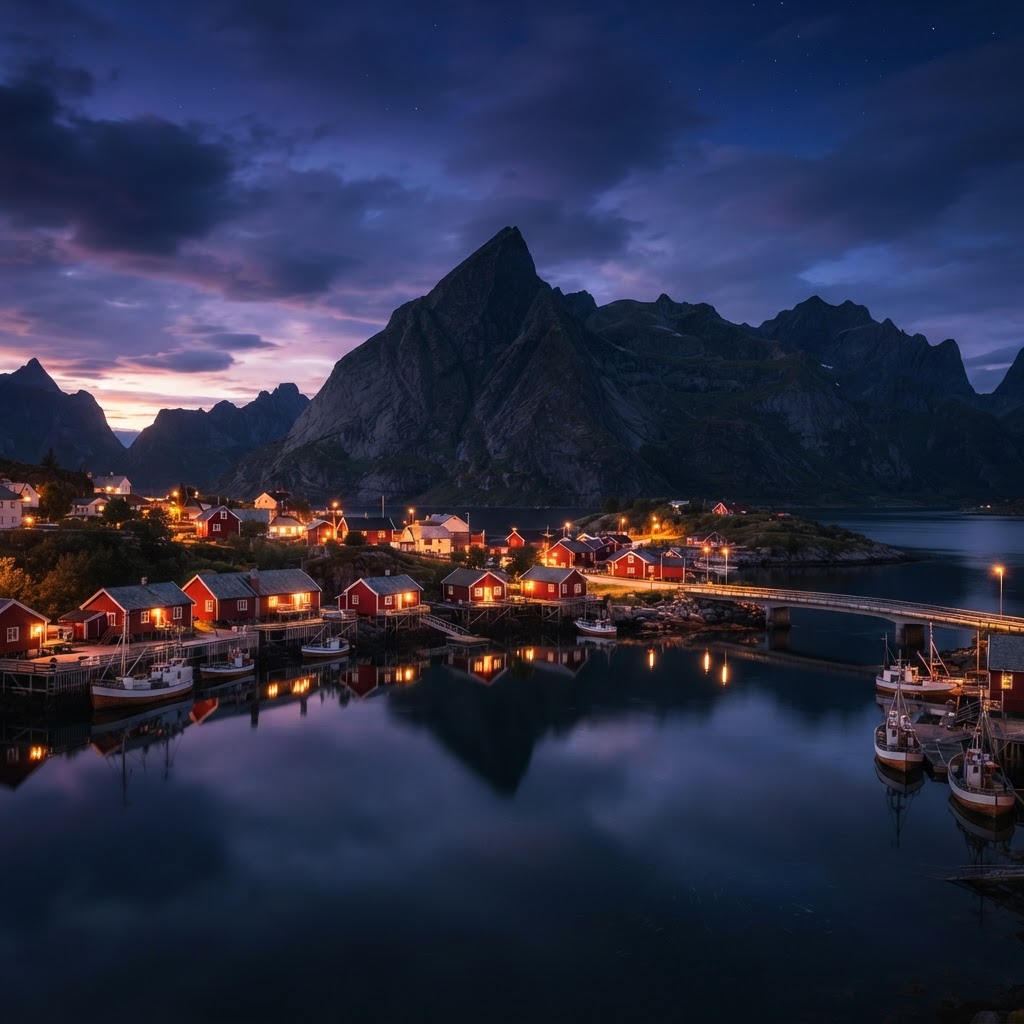 The magical twilight atmosphere in the village of Reine.