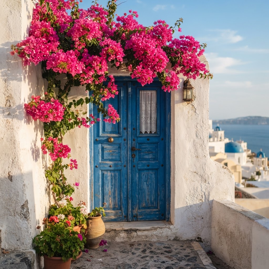 An iconic blue door in Santorini framed by bougainvillea.