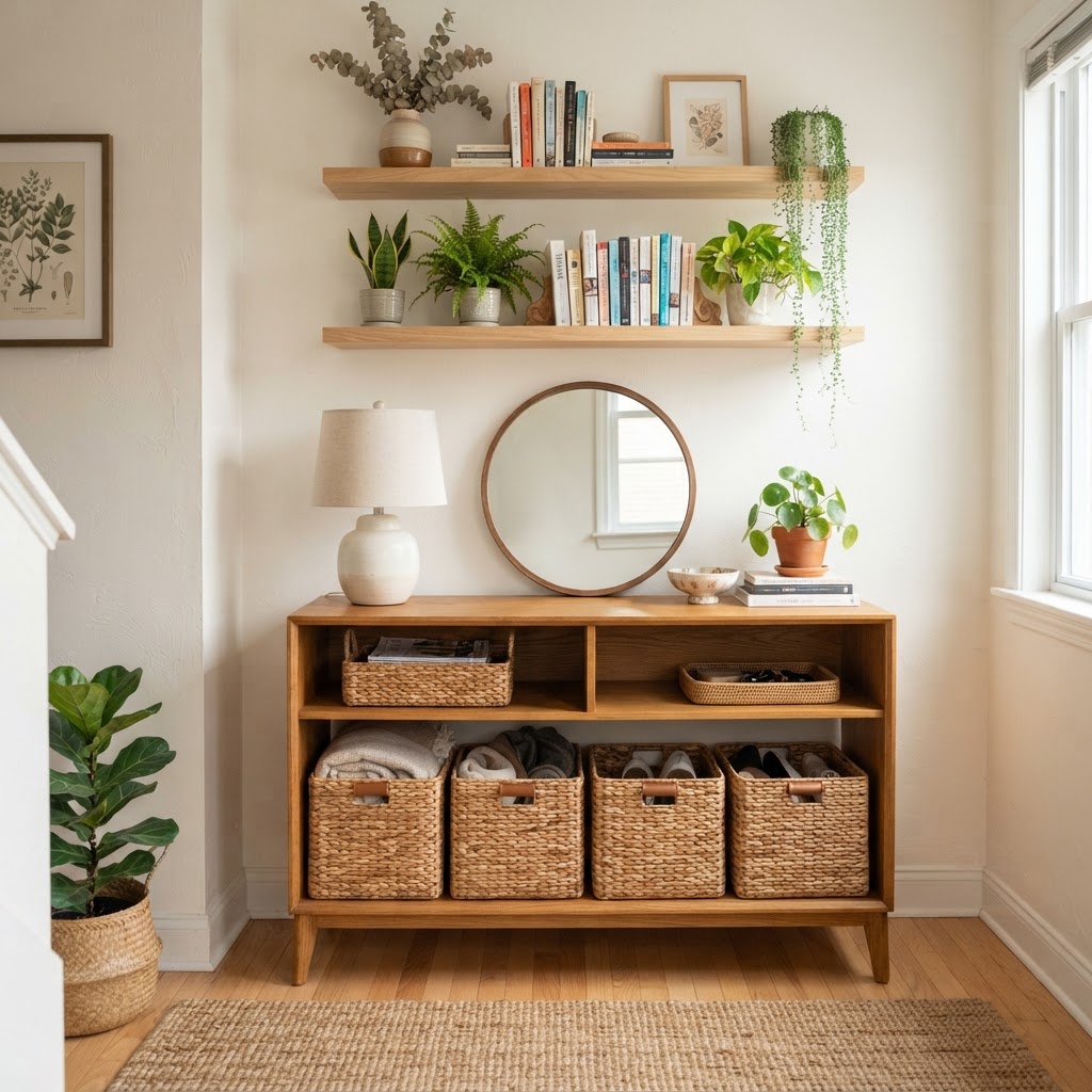 Utilizing vertical space and baskets for storage.