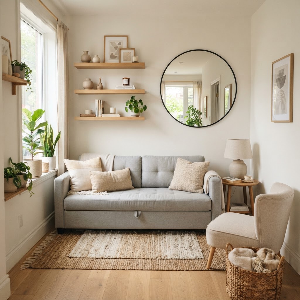 Light colors and mirrors create the illusion of extra space.