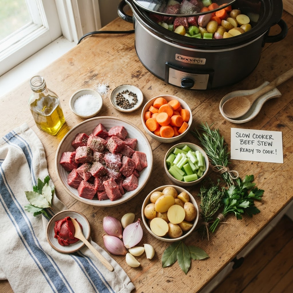 Gather your fresh ingredients for a nutritious and easy-to-prep homemade beef stew.