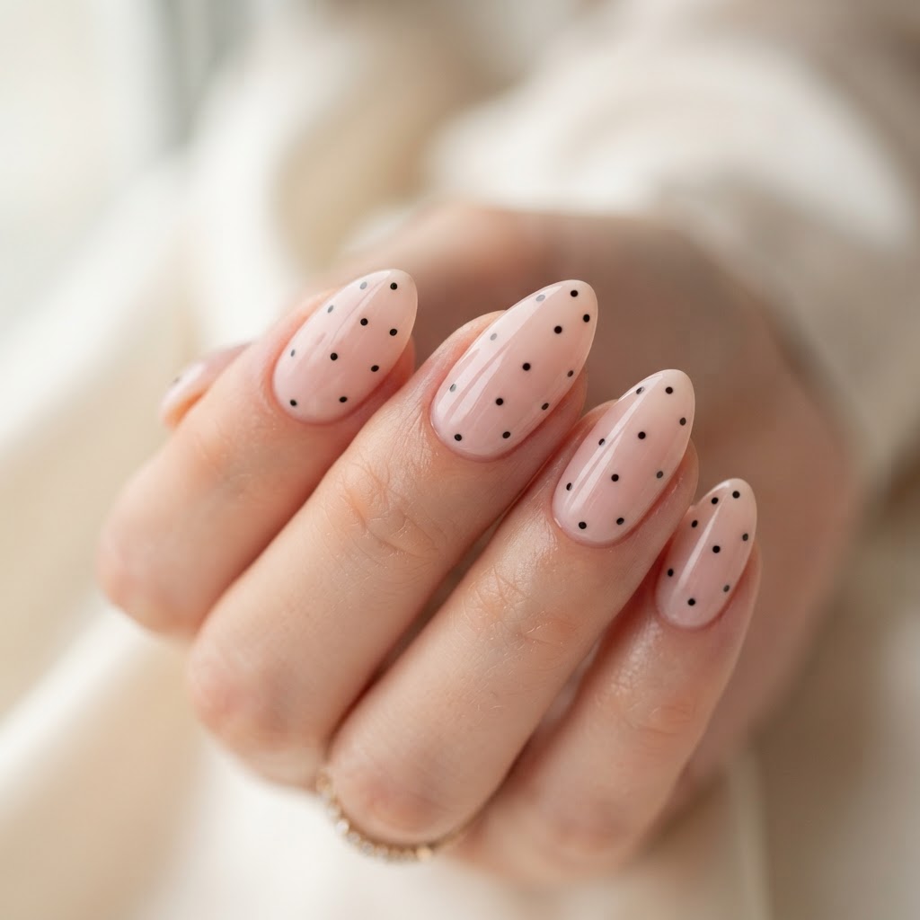 Elegant nude pink nails with minimalist polka dot details.