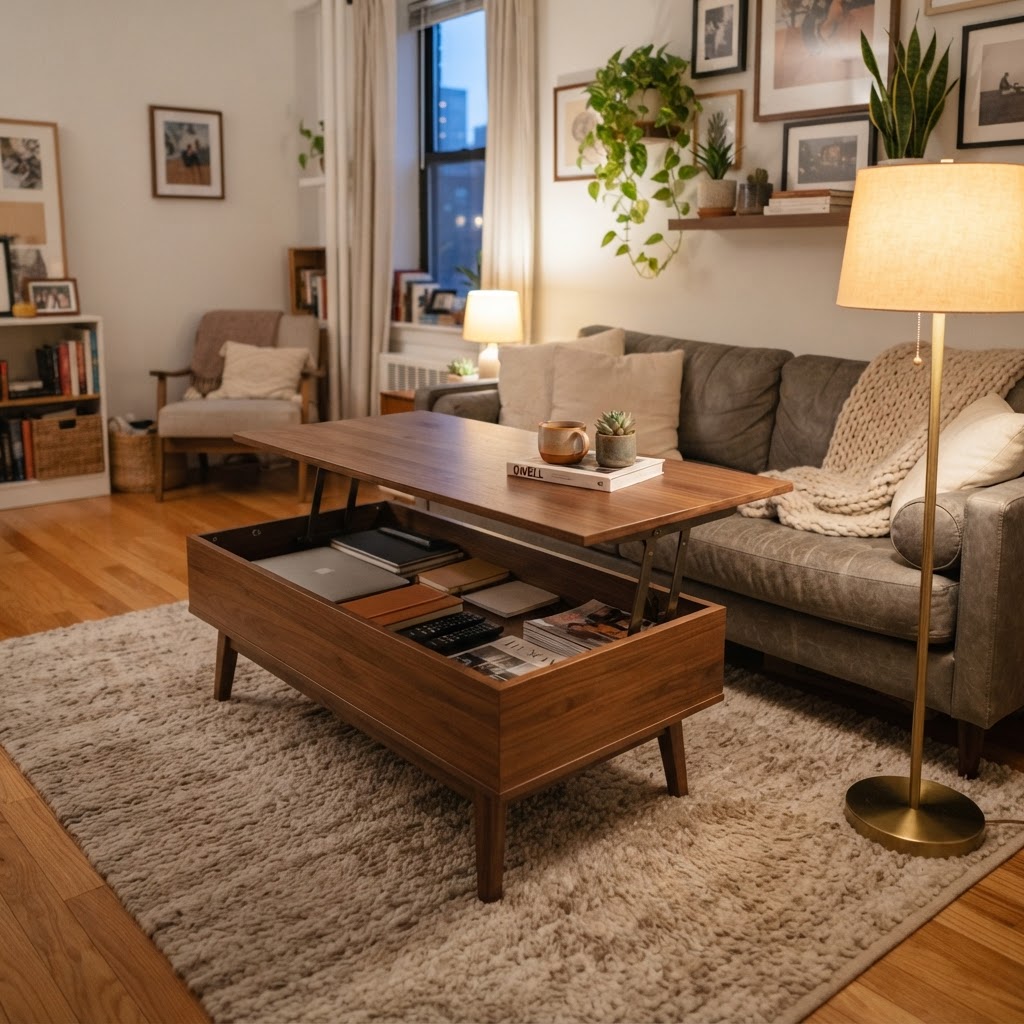 Multifunctional furniture is essential for keeping clutter at bay in small living rooms.