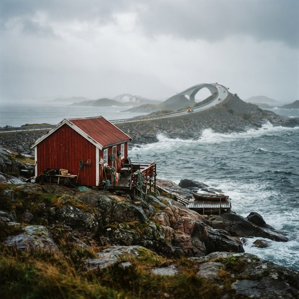 Traditional red cabins add a pop of color to the rugged coast.