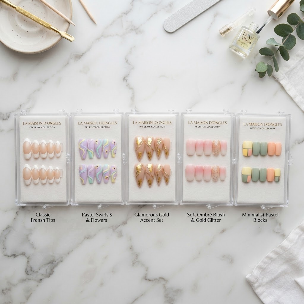 A variety of press-on nail sets featuring classic French tips and modern artistic designs.