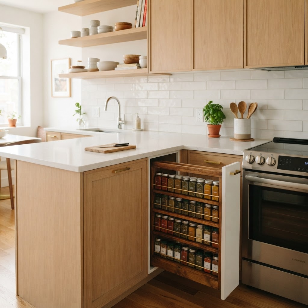 A narrow, DIY pull-out pantry fits perfectly in an awkward kitchen gap.