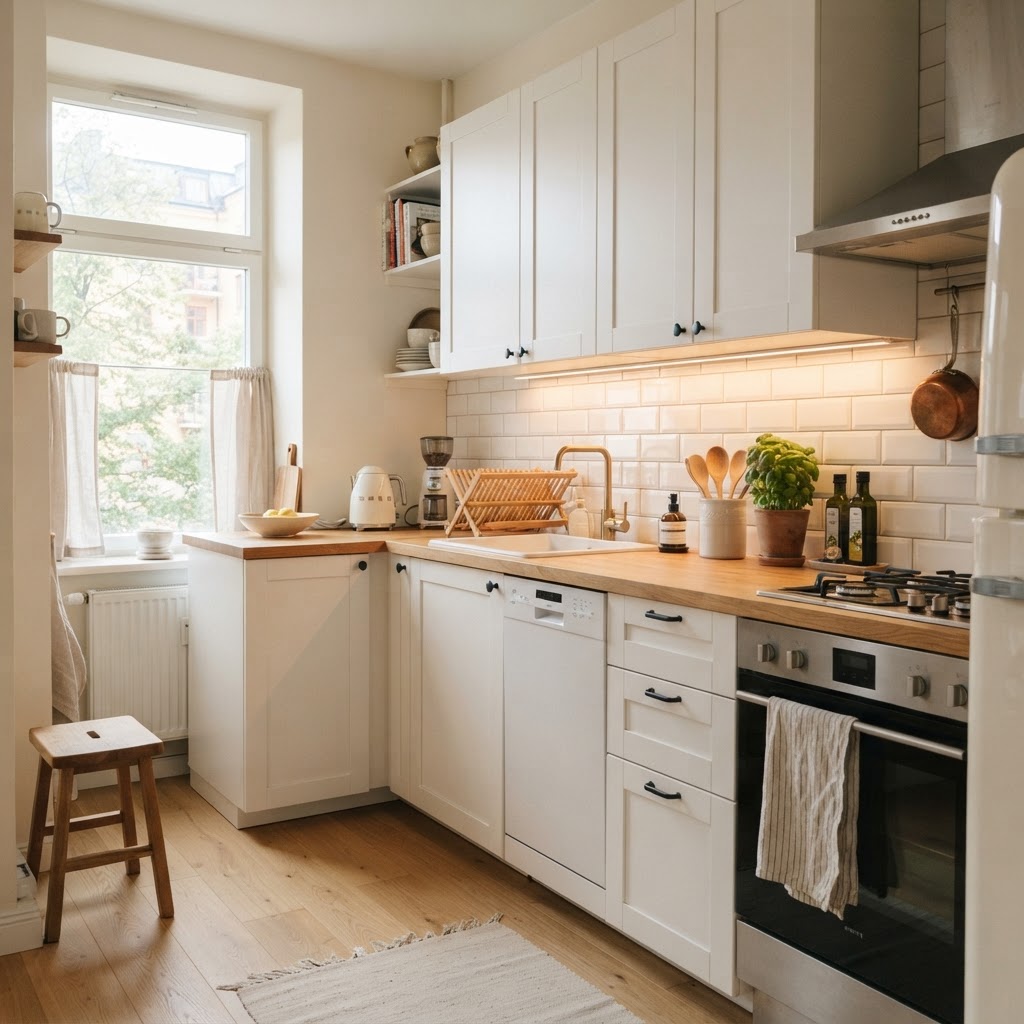 Bright, light-filled kitchens prevent a cramped feeling.